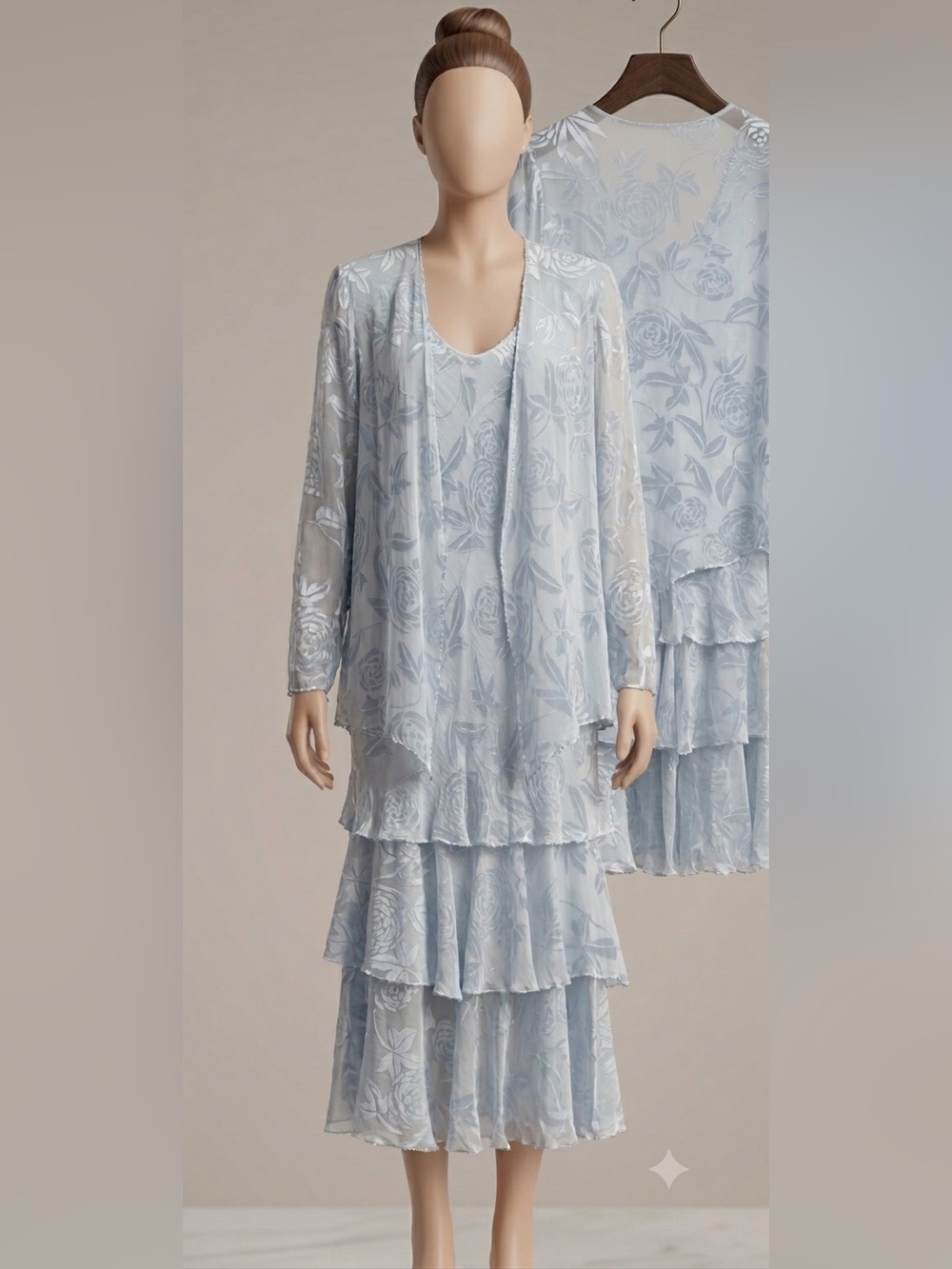 Cameron Blake Dress Set Women 10P Blue Excellent Floral Burnout Tiered Beaded